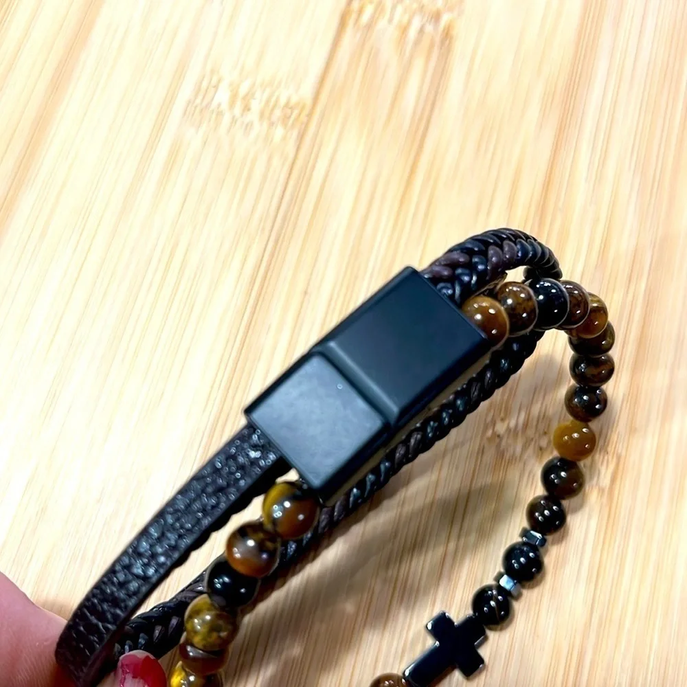 Brand New Men's Beaded Braided Leather Metal Cross Bracelet Magnetic Clasp